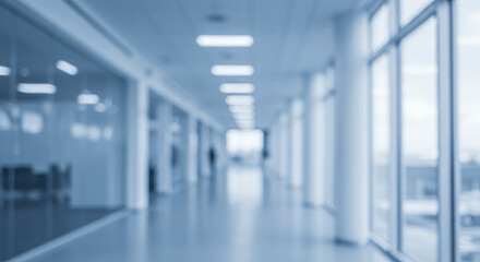 Blurred Office Hallway: Modern Interior, Clean Workspace, Abstract Background, Light & Airy, Corporate Space, Blue Tones