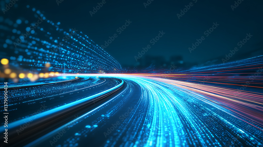 Poster abstract road with blue light trails, data transfer speed and digitization concept