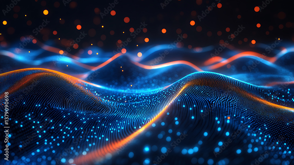 Aufkleber abstract digital art of glowing, undulating waves with orange bokeh effects on a blue and red gradie