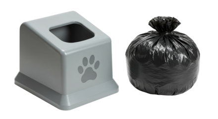 Isolated pet feeding bowl and bag of animal waste