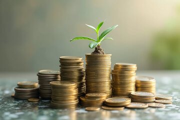 small green plant sprouts on a tall stack of golden coins representing financial growth