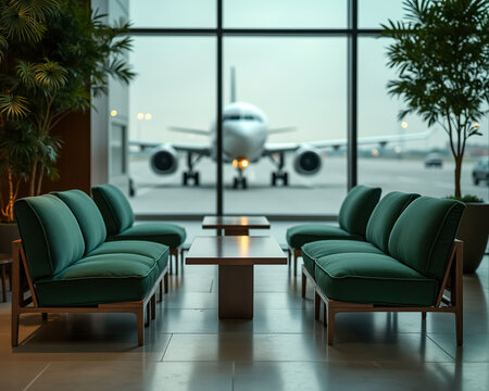 tranquil airport lounge with emerald green sofas and airplane view