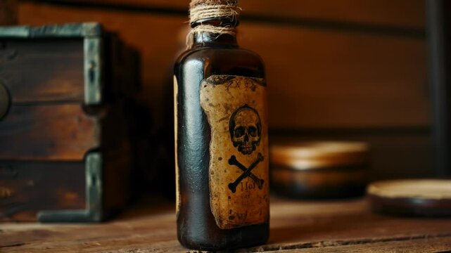 Vintage poison bottle with skull label beside an old chest.