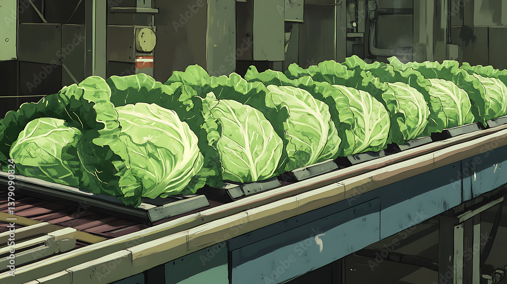 Poster row of lettuce and vegetables on a conveyor belt