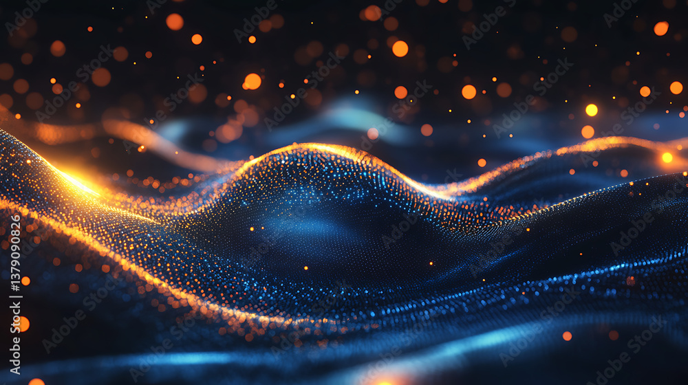 Poster abstract digital art of glowing, undulating waves with orange bokeh effects on a blue and red gradie