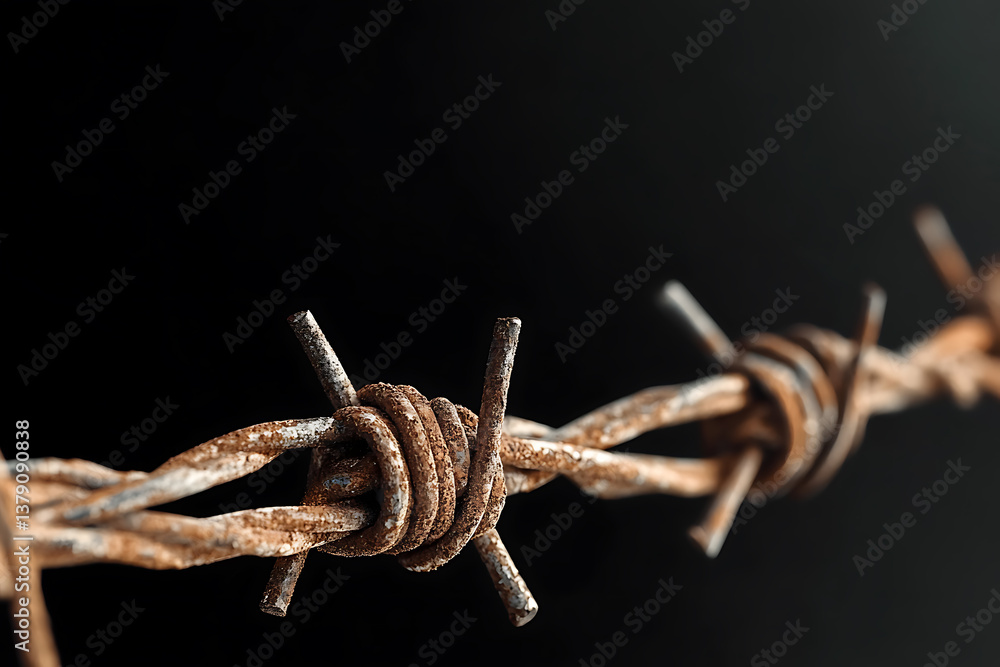 Poster close-up of barbed wire, showing rust and sharp points against a dark background, emphasizing its re