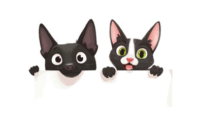 Fototapeta premium Smiling Dog and cat peeking over a blank white board on white background