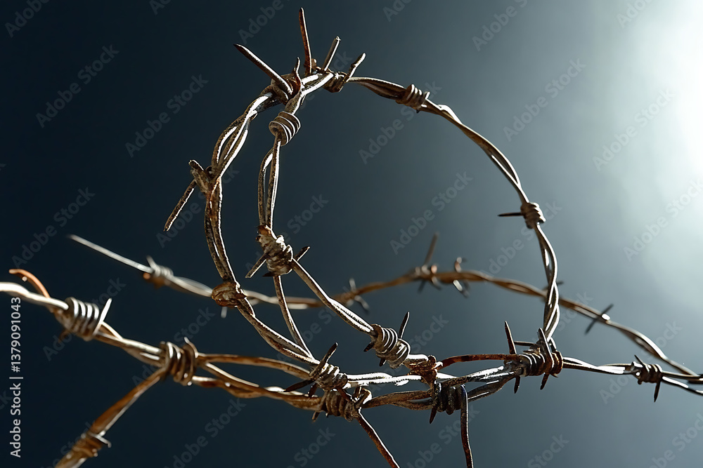 Poster barbed wire strands tangle in a sharp, abstract composition. metallic textures meet menacing spikes 