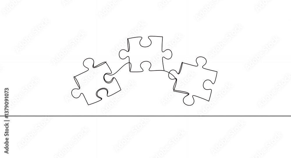 Poster puzzle pieces: unity & solution - continuous line art connects! teamwork, strategy, & problem solvin
