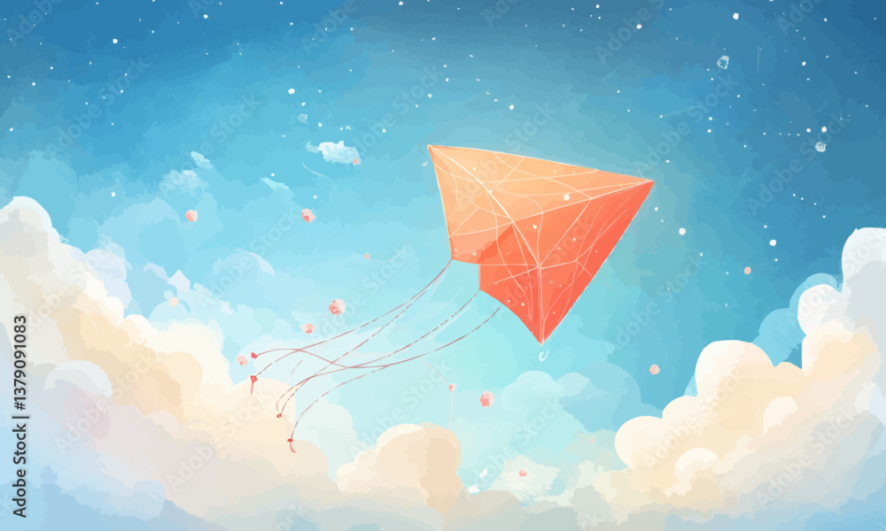 Poster starting new year setting goals concept. dreamy kite doodle with hopes and dreams strings floating i