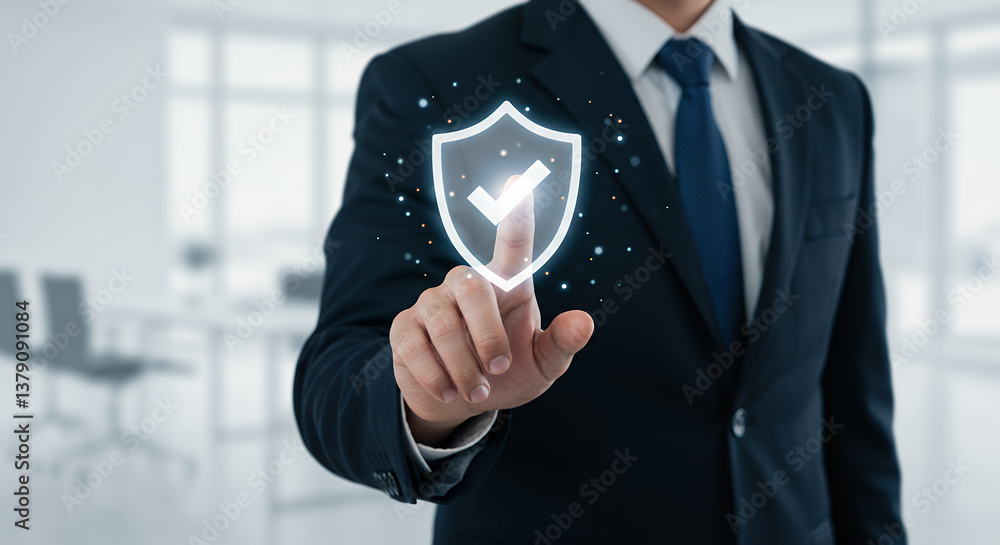 Poster cyber security shield: man in suit protecting data with digital checkmark. data protection, online s