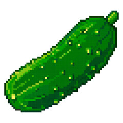 The image showcases a pixelated cucumber, rendered in a vibrant green hue. The cucumber is depicted in a simple, blocky style, with visible pixelation throughout its form.