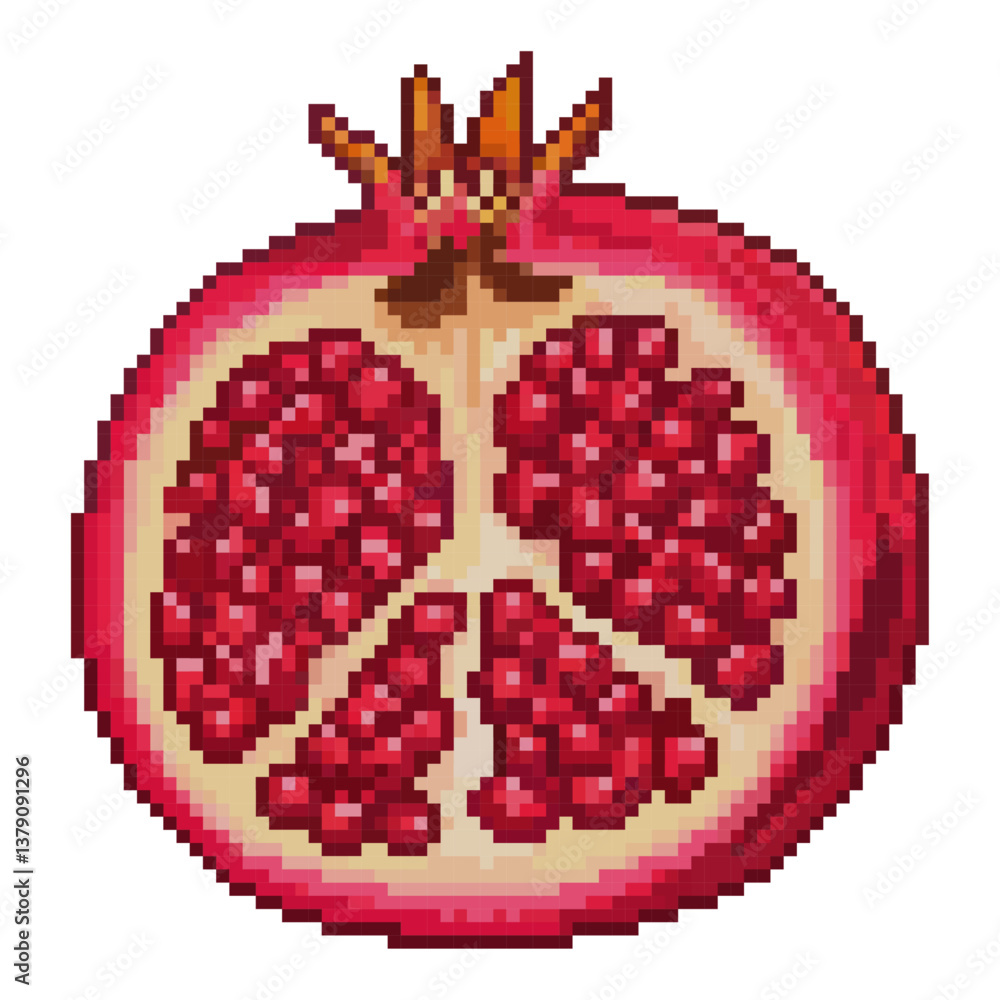Poster The image showcases a pixel art rendition of a halved pomegranate. The fruit is depicted in a vibrant red hue, with its juicy, red seeds arranged in a visually appealing pattern.