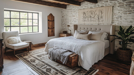 Rustic, boho interior design of modern bedroom in farmhouse