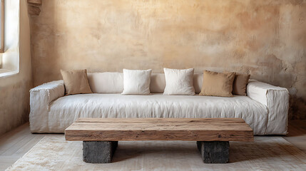 Rustic barn wood coffee table against beige sofa and stucco wall with copy space, wabi-sabi home interior design of modern living room