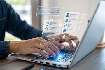 Ai, Artificial intelligence, Man uses laptop to access artificial intelligence tools for content Creation, Chatbots, Image generation, Coding, Translation, and Digital advertising solutions