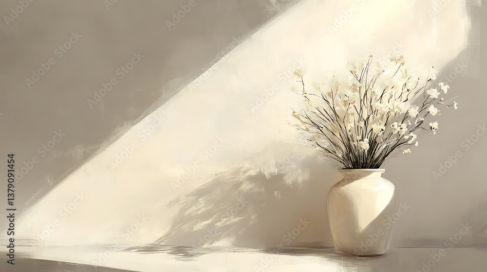 Poster drawing with vase of flowers with light reflection on it, set against an empty wall background, aest