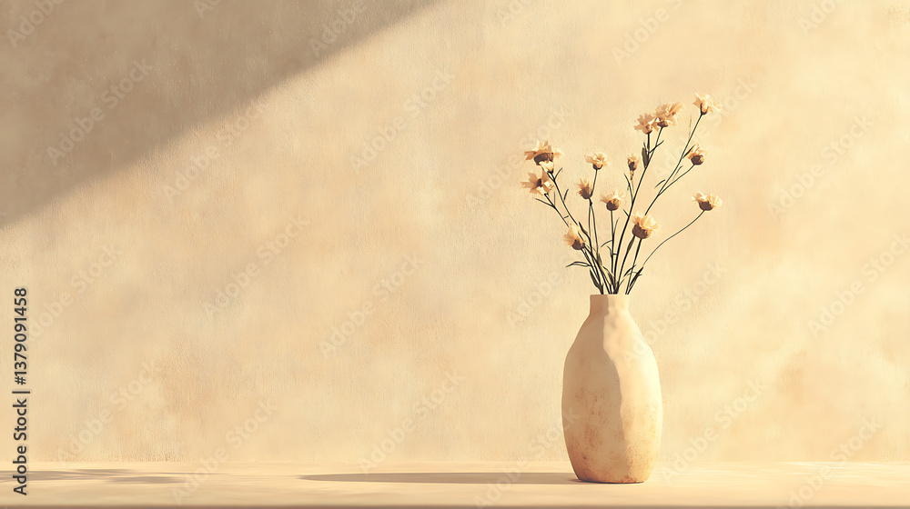 Poster drawing with vase of flowers with light reflection on it, set against an empty wall background, aest