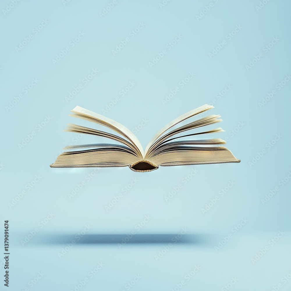 Poster an open book soaring through the sky on a light blue backdrop with a subtle shadow below