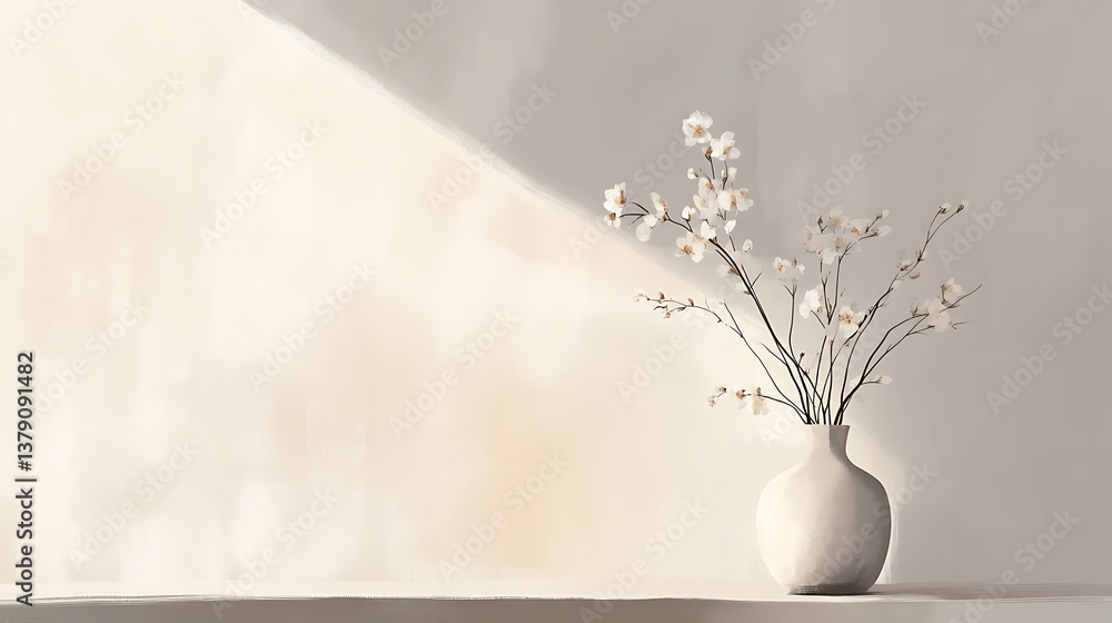 Aufkleber drawing with vase of flowers with light reflection on it, set against an empty wall background, aest