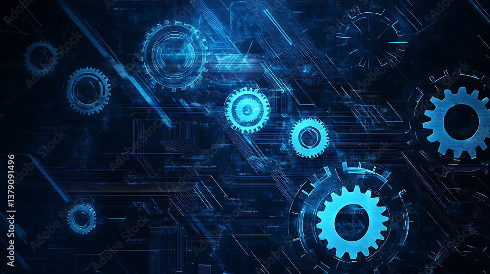 Aufkleber abstract blue digital technology background with gears and cogs, dark color palette