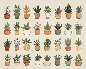 collection of thirty uniquely designed potted plants in various shapes and colors