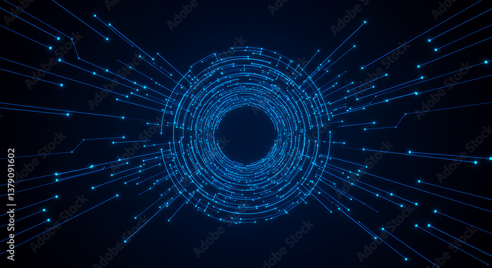 Poster blue digital tunnel: cyber technology, data flow, & network connection - abstract tech background im