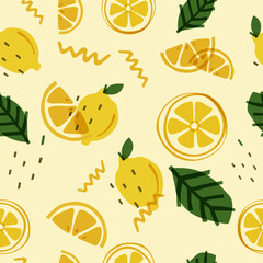 A vibrant pattern featuring lemons, lemon slices, and green leaves on a light yellow background. The lemons are depicted in a cartoon style with a slightly textured surface.
