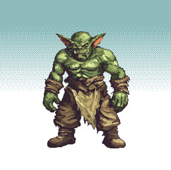 Pixel art character Goblin. Pixel art of a green goblin character illustration, ideal for game assets or retro style designs also bring a nostalgic 8-bit feel touch