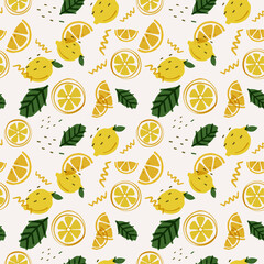 A vibrant pattern featuring lemons, lemon slices, and green leaves on a light yellow background. The lemons are depicted in a cartoon style with a slightly textured surface. Vector.