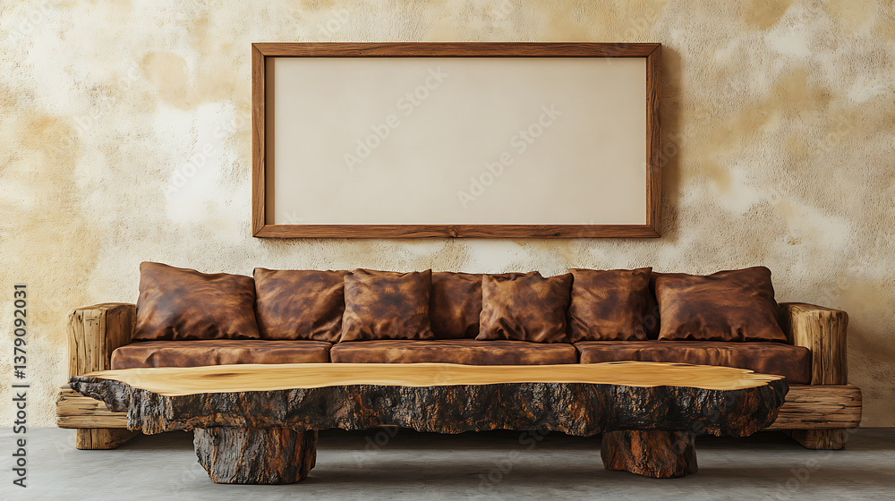 Aufkleber rustic sofa and live edge coffee table against beige wall with big empty mock up poster frame, scand