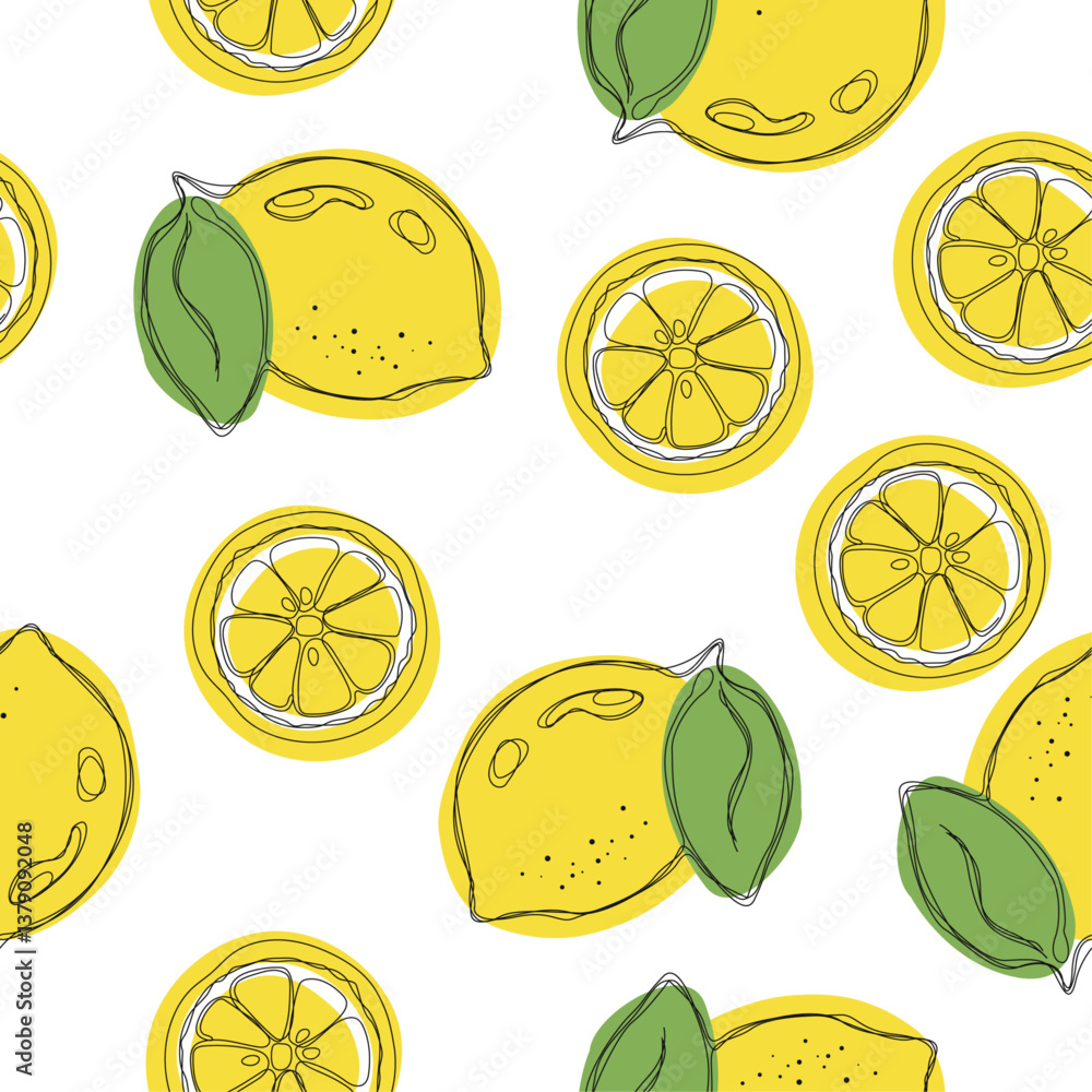 Poster This image features a seamless pattern of lemons and lemon slices on a white background. The lemons are depicted in a simple, line-art style with a yellow fill.