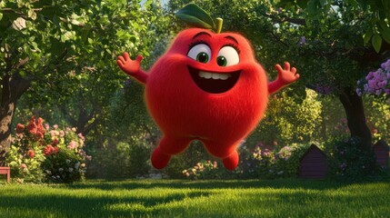 Happy cartoon apple in a garden