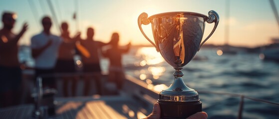 A victorious moment as a trophy is raised aboard a sunlit boat, with a blurred cheering crew in the background.