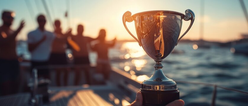 A victorious moment as a trophy is raised aboard a sunlit boat, with a blurred cheering crew in the background.