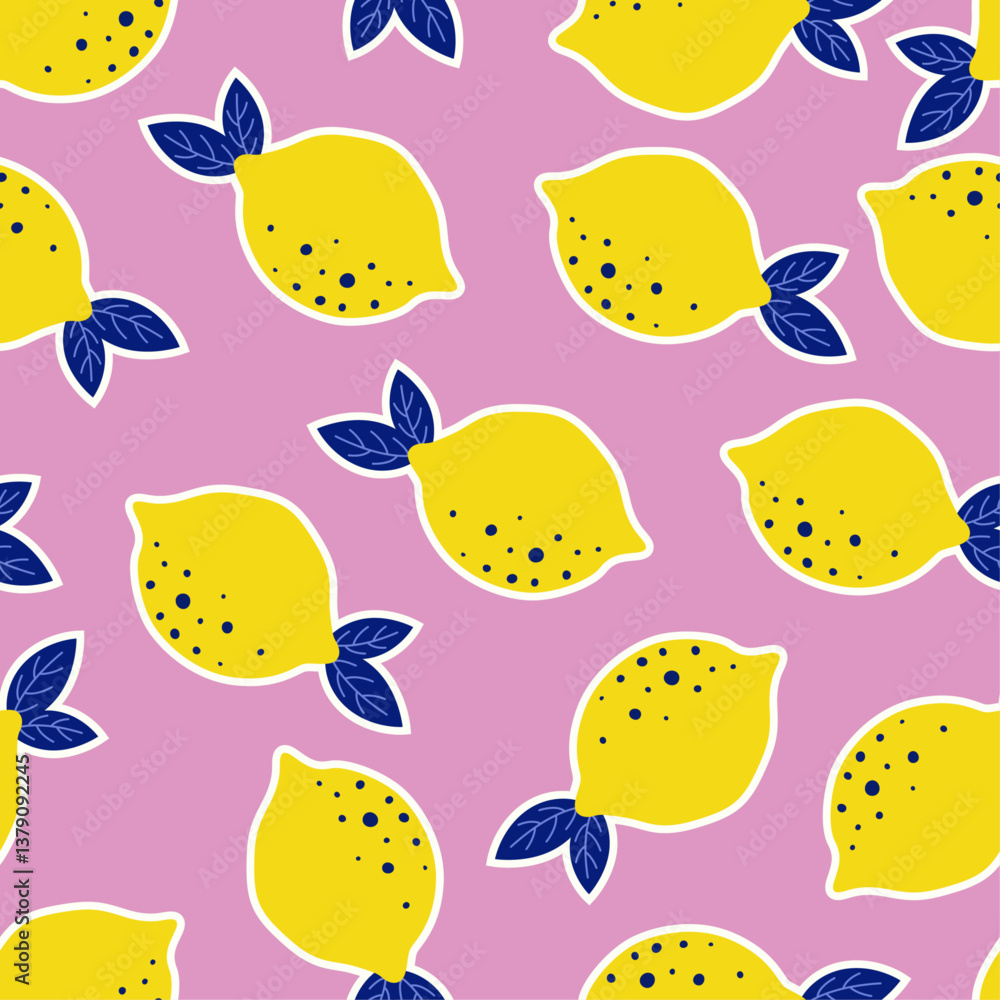 Aufkleber the image features a repeating pattern of yellow lemons with dark blue leaves on a pink background. 