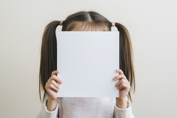 Girl holding blank paper sheet in front of her face.