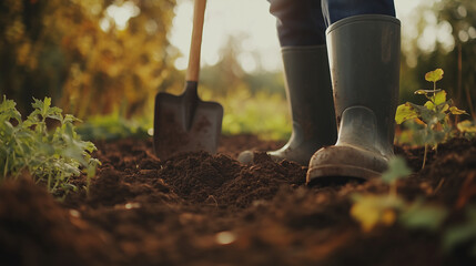Gardener digging soil in rubber boots during spring preparation