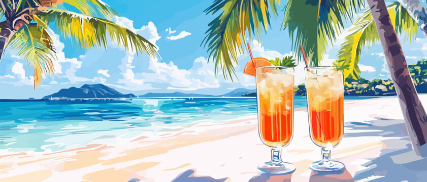 Refreshing tropical cocktails under palm trees by the beach on a sunny day