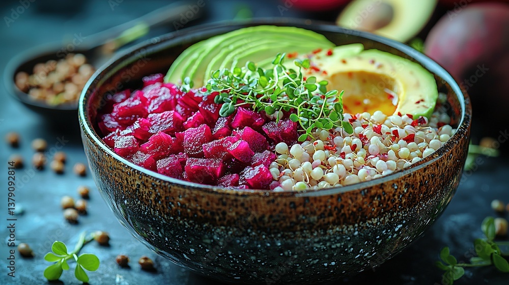 Poster a zoomed-in image of a bowl filled with avocado and various fruits and veggies surrounding it