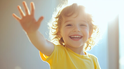 Happy child waving hand.