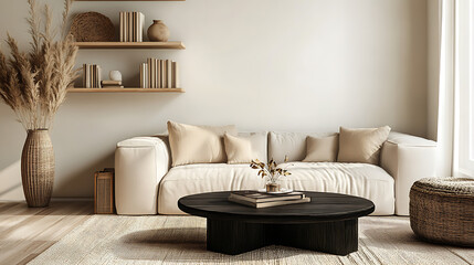 Accent black wooden coffee table near beige sofa against wall with shelves, country boho home interior design of modern living room