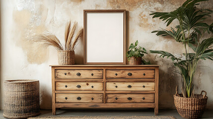 Rustic wooden dresser near stucco wall with blank mockup poster frame with copy space, boho interior design of modern living room