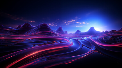Dark blue alien fantasy morning landscape, on a dark background, color space, without people, wavy mountains, game design, clouds
