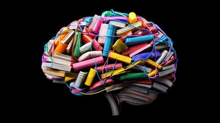 Colorful books forming brain; knowledge, education concept; black background; educational resource
