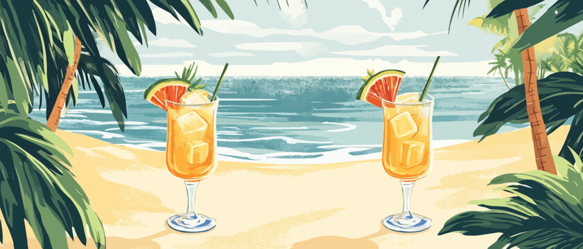 Refreshing tropical cocktails under palm trees by the beach on a sunny day