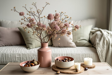 Fototapeta premium dried flower arrangement in pink vase with nuts and candles on coffee table