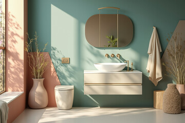 modern bathroom with teal walls and gold fixtures