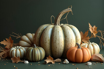 autumnal still life arrangement featuring pumpkins of various colors and sizes