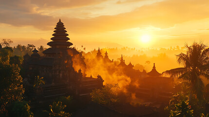 Scene of a temple in bali at sunset for nyepi day